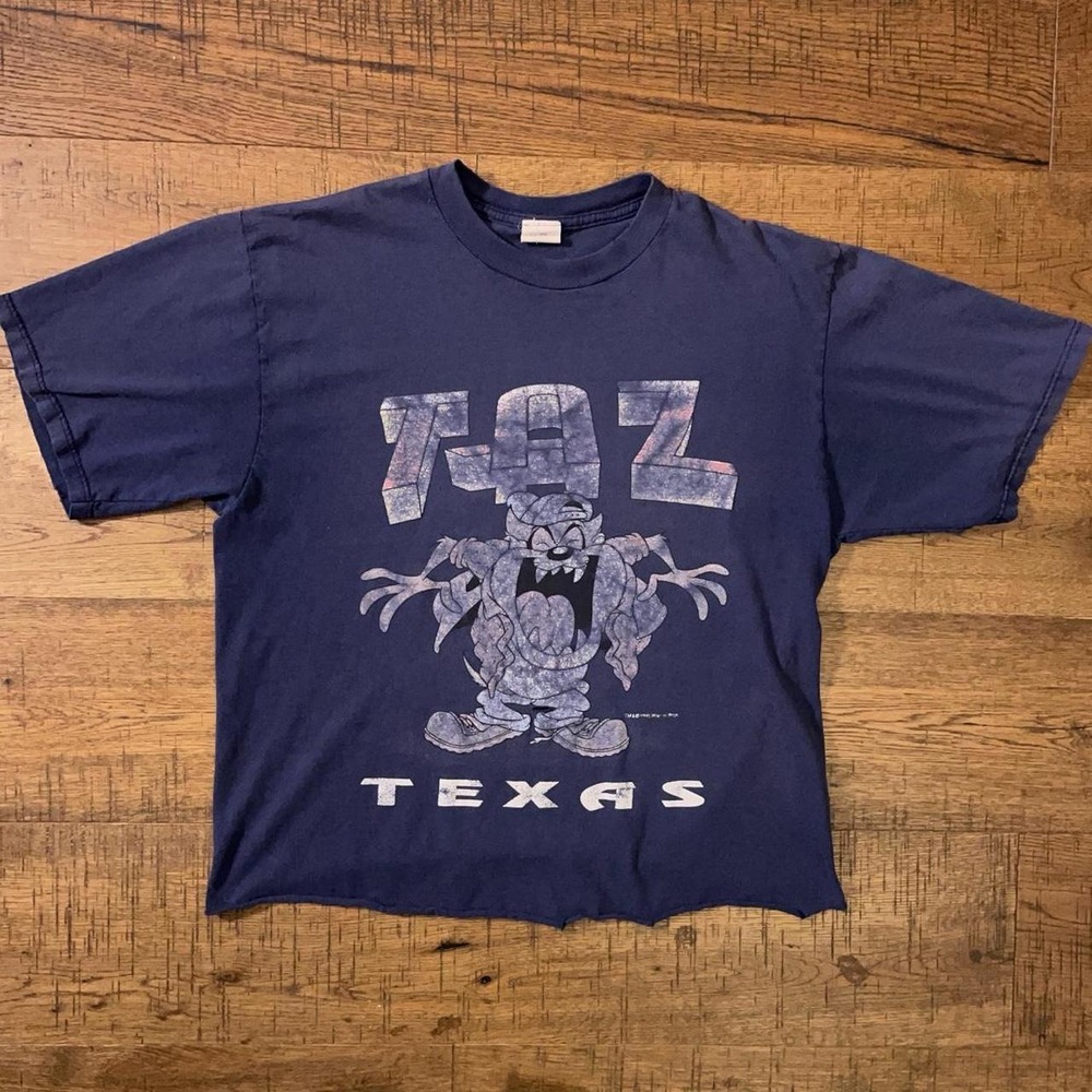 Velva Sheen Looney Tunes T-Shirt Women L Navy Kidcore Taz Texas Cropped 90s